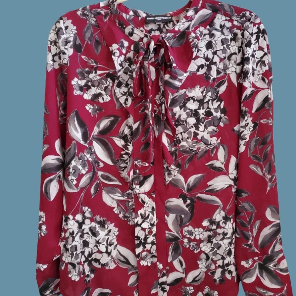 Karl Lagerfeld floral button down blouse w/ neck tie - Small